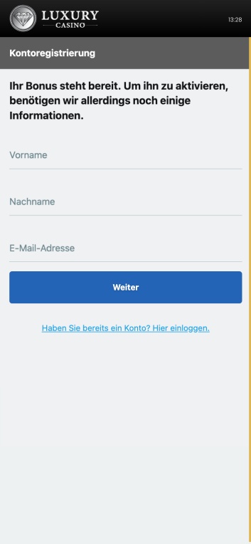Anmeldeseite für das Luxus-Casino