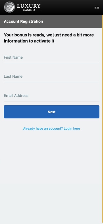 sign up page of Luxury Casino